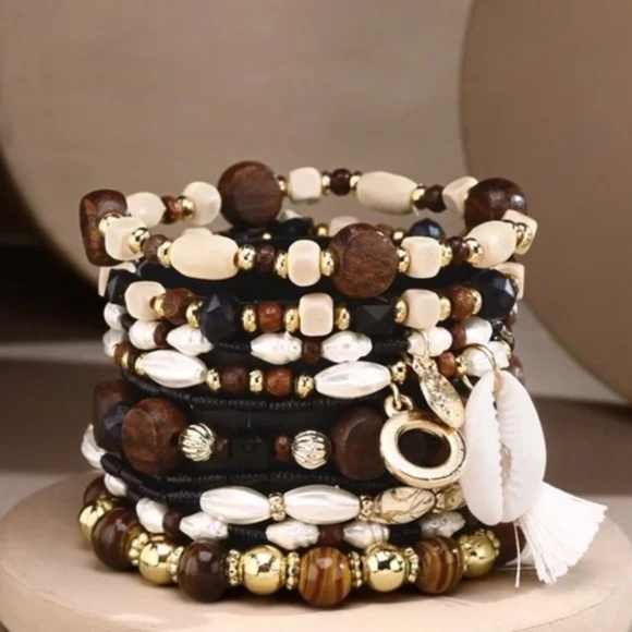 Jewelry - Brown 10 Layered Bohemian Stack Stretch Bracelet Set w/ Charms Cowrie Tassel